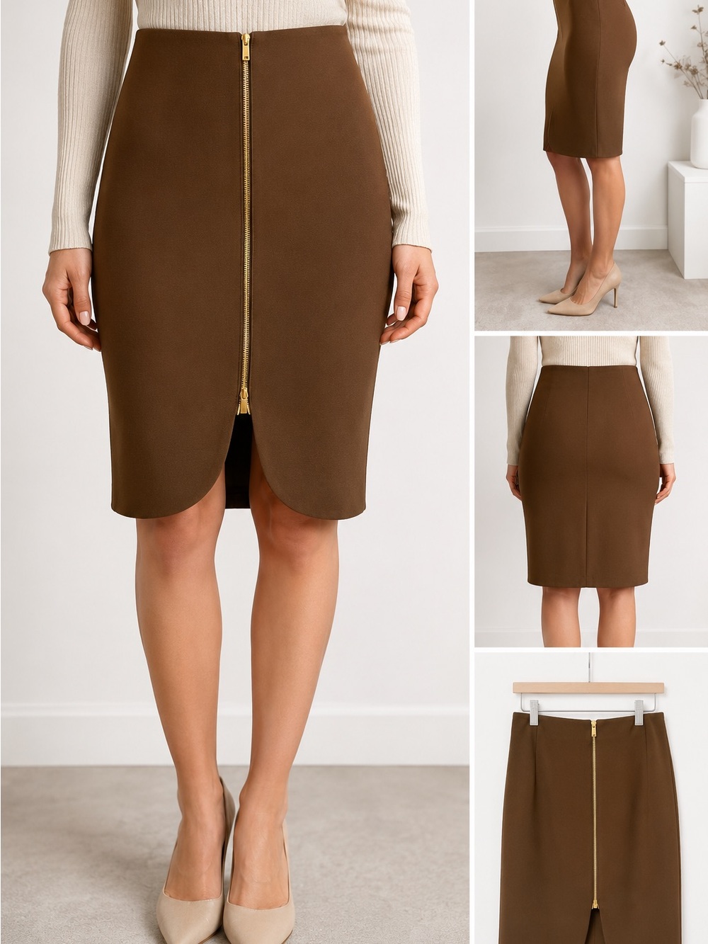 Ann Taylor Brown Pencil Skirt with Gold Front Zip